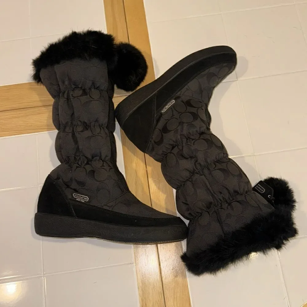 Coach Theona Jacquard Rabbit Fur Trim Zip Up Boots Size 5 1/2 B